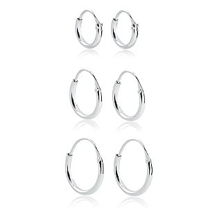 Trio de Brincos De Prata Argolinhas Redondas com Fecho Rebite