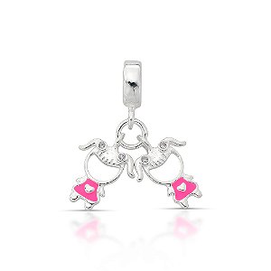 Berloque de Prata Duas Meninas Resina Rosa e Zircônias