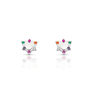 Brinco de Prata Coração Liso com Zircônias Coloridas