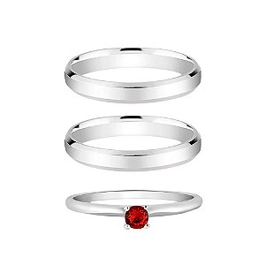 Par de Alianças em Prata 950 Polida Chanfrada com Anel Solitário Zircônia Vermelha