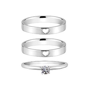Par de Alianças em Prata 950 Polida Quadrada Coração Vazado com Anel Solitário Zircônia Cristal