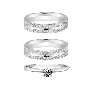 Par de Alianças em Prata 950 Diamantada Quadrada Pedrinha com Anel Solitário Zircônia Cristal