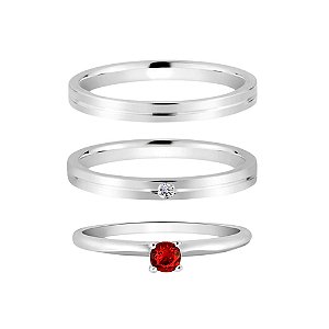 Par de Alianças em Prata 950 Quadrada Pedrinha com Anel Solitário Zircônia Vermelha