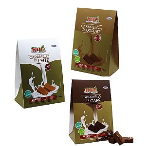 Kit Caramelo Hué Diet Com Colágeno Sabores Puro, Chocolate e Café com 3 unidades