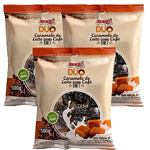 Bala Duo Caramelo de Leite com Café Diet Hué (Sem Adição de Açúcares) Sem Glúten Pacote 100g Kit com 3 unidades