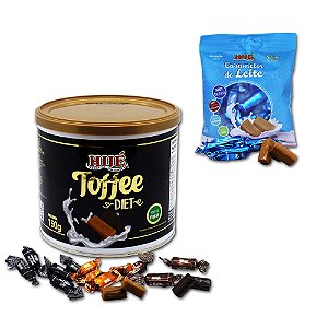 Kit Bala Toffee Misto Diet Hué 150g com os sabores Café, Leite e Chocolate "Latinha Presente" e  Toffee Caramelo sem Lactose 52g