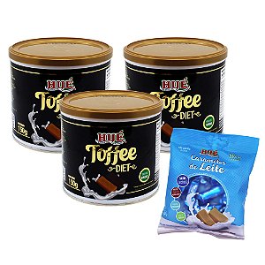 Kit com 3 Balas Toffee Misto Diet Hué 150g com os sabores Café, Leite e Chocolate "Latinha Presente" e  Toffee Caramelo sem Lactose 52g