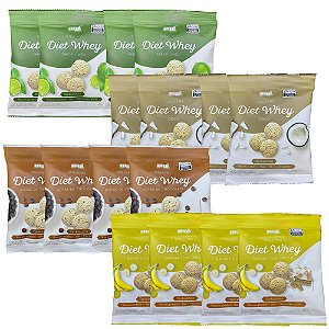 Kit Sequilho Diet Whey 4 Sabores Coco, Gotas de Chocolate, Banana com Canela e Limão com 16 unidades