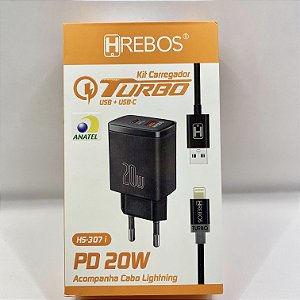 CARREGADOR KIT TURBO HREBOS USB + USB-C PD20W HS307 IPHONE