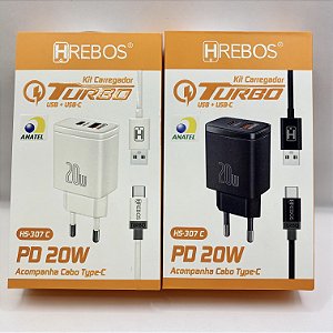 CARREGADOR KIT TURBO HREBOS USB + USB-C PD20W HS307 TIPO-C