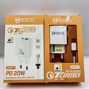 CARREGADOR KIT TURBO HREBOS USB + USB-C PD20W HS307 MICRO USB V8