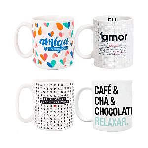 Conjunto 4 Canecas Cilindricas Love Neutras 300ml - Uatt