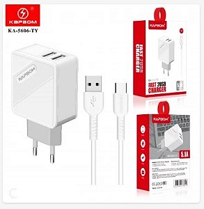 Carregador Tipo C Celular Kapbom 5.1A com 2 Usb Com Cabo