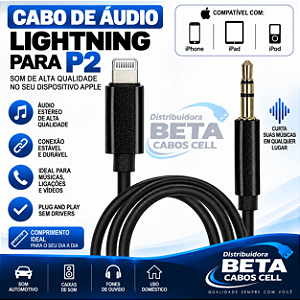Cabo Auxiliar Áudio Lightning para P2 Macho 3,5mm Para iPhone