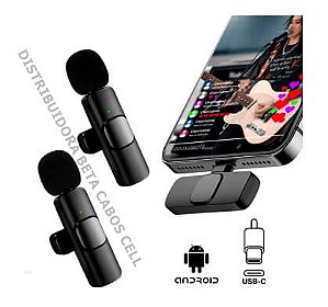 Microfone Lapela Duplo Wireless K9 Tipo C SmartPhone Android