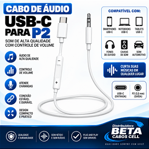 Cabo Auxiliar Tipo c P2 Macho 3.5mm com Regulagem Som