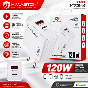 Fonte Carregador Turbo H’Maston Y73-4 120W USB + Tipo C