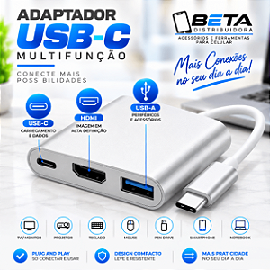 Adaptador Hub USB-C 3 em 1 com HDMI + USB 3.0 + USB-C para Notebook Celular e Monitor