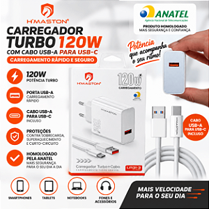 Carregador Turbo HMaston LR31-3 120W USB A + Cabo USB C Tipo C