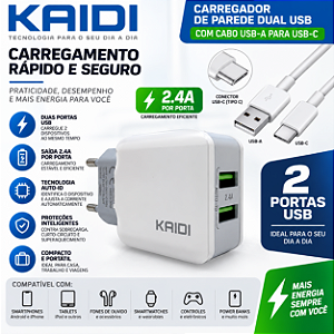 Carregador KAIDI Dual USB 2.4A com 2 Portas + Cabo USB-A para USB-C Tipo C