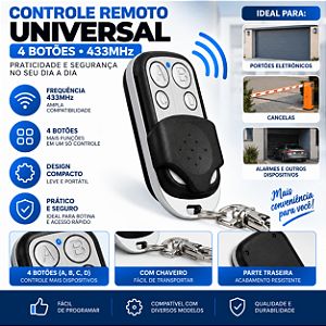 Controle Remoto Universal Copiador 433MHz 4 Botões para Portão Eletrônico e Alarme