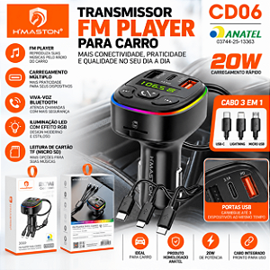 Transmissor FM Veicular H’Maston CD06 Bluetooth 20W com Carregador, Viva-Voz e Cabo 3 em 1