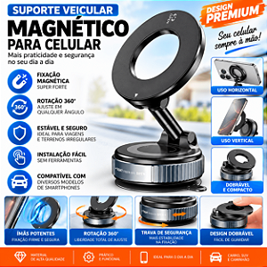 Suporte Veicular Magnético para Celular Articulado 360° Dobrável com Fixação no Painel