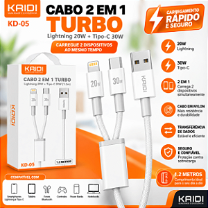 Cabo 2 em 1 Turbo KRIDI KD-05 USB-A para Lightning 20W + USB-C Tipo-C 30W Nylon 1,2 Metros