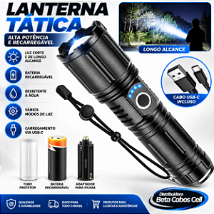 Lanterna Tática Recarregável LED de Alta Potência com Zoom 5 Modos de Iluminação e Carregamento USB-C