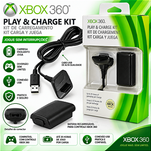 Bateria Para Controle Xbox 360 Com Cabo E Carregador Preto X
