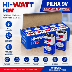 Bateria Pilha 9V Hi-Watt Uso Geral Caixa com 10 Unidades