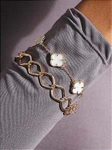 Pulseira Trevo da Sorte Folheada a Ouro 18K com Madrepérola Pulseira Feminina Delicada Antialérgica