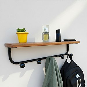 Cabideiro Prateleira Atlas - 5 Ganchos, 64 cm, Madeira e Aço Carbono