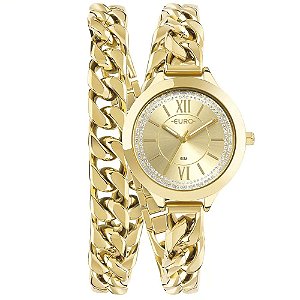 Relógio Euro Feminino Analógico Dourado Chains Com Pulseira em Corrente Original