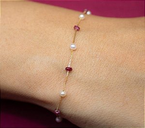 Pulseira Veneziana em ouro 18k com pérolas e Rubi