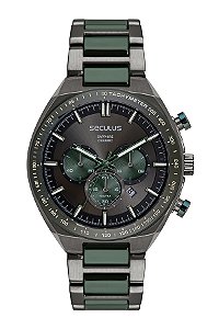 Relógio Masculino Cronógrafo Aço e Cerâmica Verde e Preto