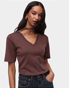 T-SHIRT ALGODÃO DECOTE V MARROM