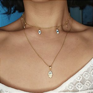 Choker com Pingentes de Olho Grego - Banhado a Ouro 18k