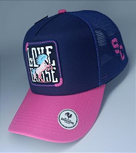 BONÉ FEMININO “LOVE HORSE” AZUL C/ ROSA