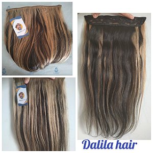APLIQUE TIC TAC  1 PEÇAS LISO CASTANHO ESCURO E LUZES  100% CABELO HUMANO DALILA HAIR