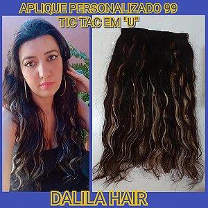 APLIQUE PERSONALIZADO 99 TIC TAC EM FORMATO DE "U" DE CABELO HUMANO CASTANHO ESCURO C/ LOIRO CLARÍSSIMO
