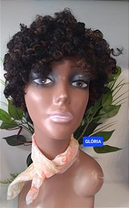 PERUCA GLÓRIA CABELO HUMANO CACHEADO CASTANHO COM LUZES NAS PONTAS