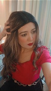 Peruca Maisa lace orgânica morena iluminada cabelo ondulado 60 cm