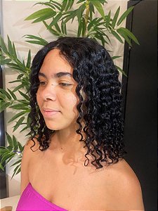 Peruca lace Andrea cabelo humano cacheado tamanho médio