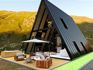 Chalé Rustico, 50m2 , Frames em Aço com  revestimento em Madeira Pinus