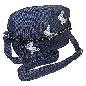 Bolsa Jeans quadrada estilosa Feminina Alça Transversal linda estampa de Borboleta detalhe corrente moda casual