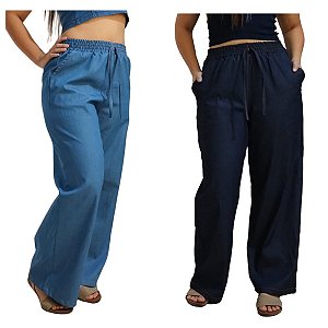 Calça Pantalona Feminina Wide Jeans Leg Cos Alto Com Elastico