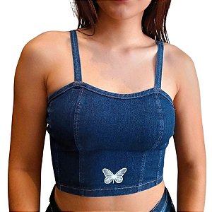 Cropped Feminino Jeans Elastano Top Alcinha linda estampa de Borboleta moda blogueira