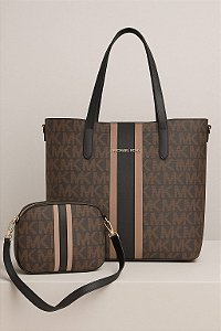 Kit 2 Bolsas Femininas Michael Kors – Shopper Grande + Transversal Média – Monograma MK Marrom com Listras