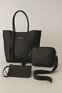 Kit 3 Itens Femininos Colcci Premium – Bolsa Grande + Bolsa Pequena + Carteira com Alça de Mão – Preto com Logo em Relevo
